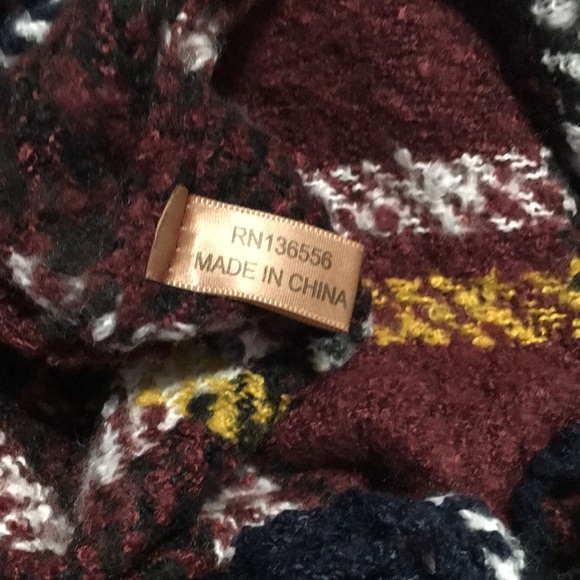 Navy burgundy yellow white plaid infinity scarf with fringe. - Picture 2 of 4